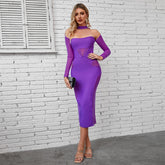 Off Shoulder Long Sleeve Tulle Midi Bandage Dress